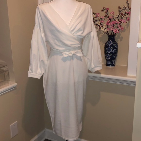 NEW! NWT White Balloon-Sleeve Wrap-Top Dress - Picture 2 of 10